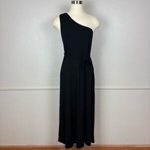 Boden One Shoulder Maxi Dress Sz 12 Black Tie Belt Minimalist Jersey Knit Dress